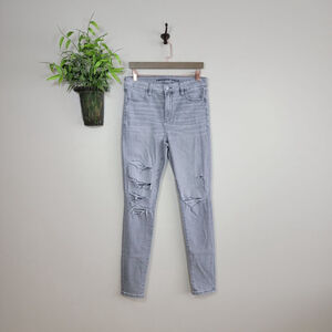 American Eagle Skinny Jeans Hi Rise Jegging Distressed Ripped Gray Stretch AE 10